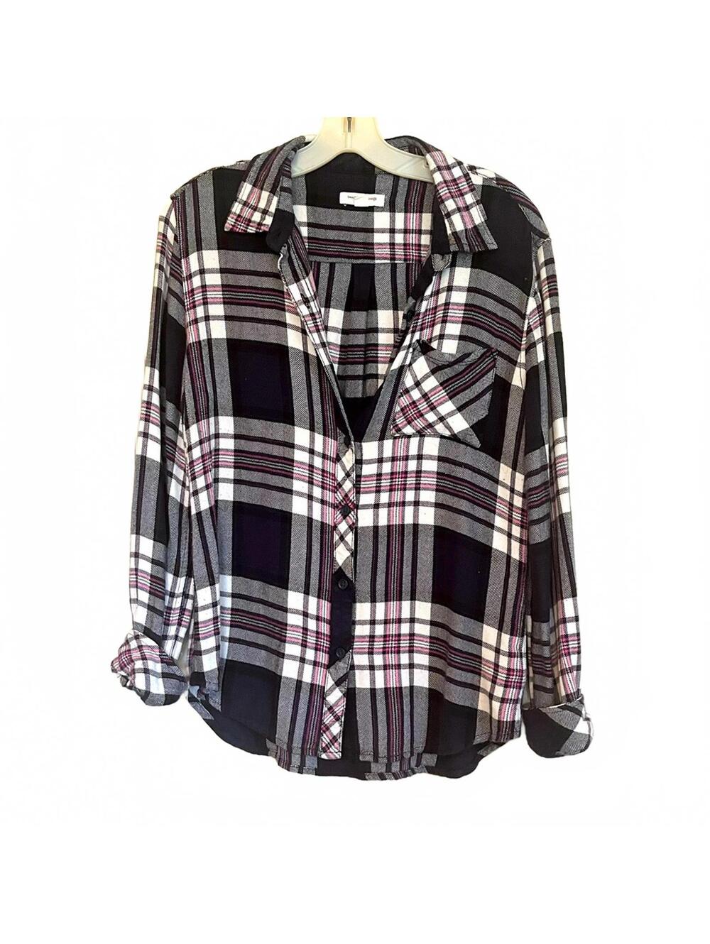 soft Flannel Plaid Button-Down  Shirt - Black, White, Pink
